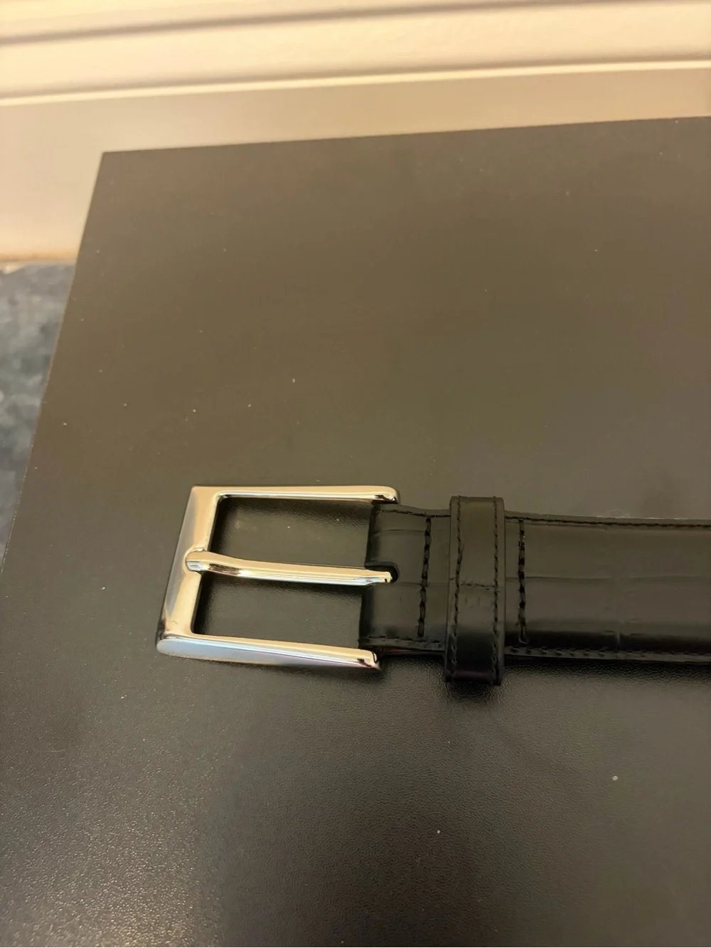 Johnston & Murphy Black Leather Belt with Silver Buckle and Brown Reverse